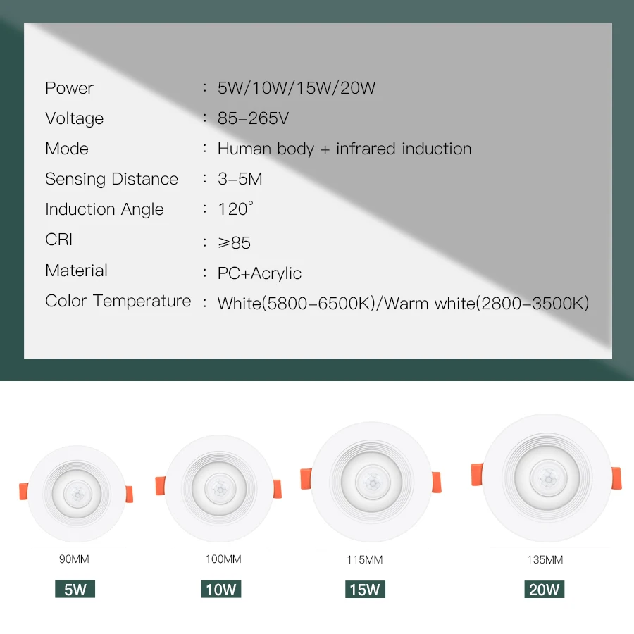 PIR Motion Sensor LED Downlights Recessed 5W 10W 15W 20W 85-265V LED Auto Lamp Smart LED Downlight Corridor Indoor Lighting