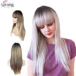 StrongBeauty-Peluca de cabello sintético para mujer, pelo largo, liso, color rubio mate, estilo de flequillo, natural