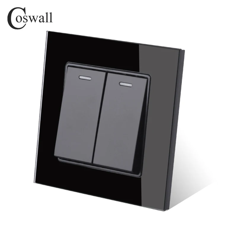 COSWALL 2 Gang 1 Way Crystal Tempered Glass Panel Light Switch On / Off Rocker Wall Switch Interruptor 16A Black White Grey Gold