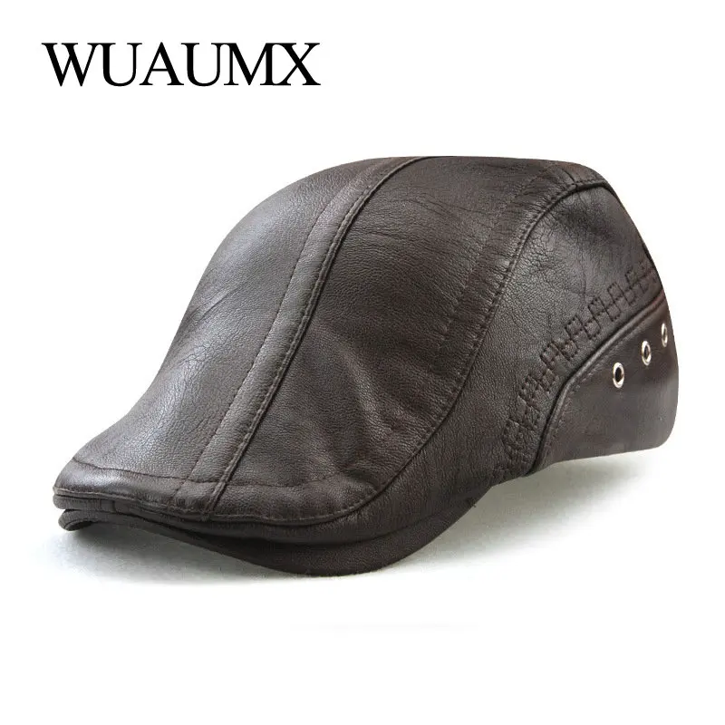 PU Leather Beret Hats for Men Autumn Winter Warm Peaked Caps Men\'s Berets Duckbill Visor Cabbie Ivy Flat Hat