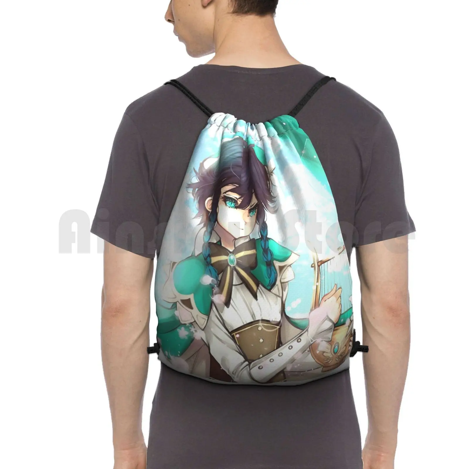 Venti From Genshin Impact Backpack Drawstring Bag Riding Climbing Gym Bag Venti Genshin Impact Fanart Anime Azuukichan Artist