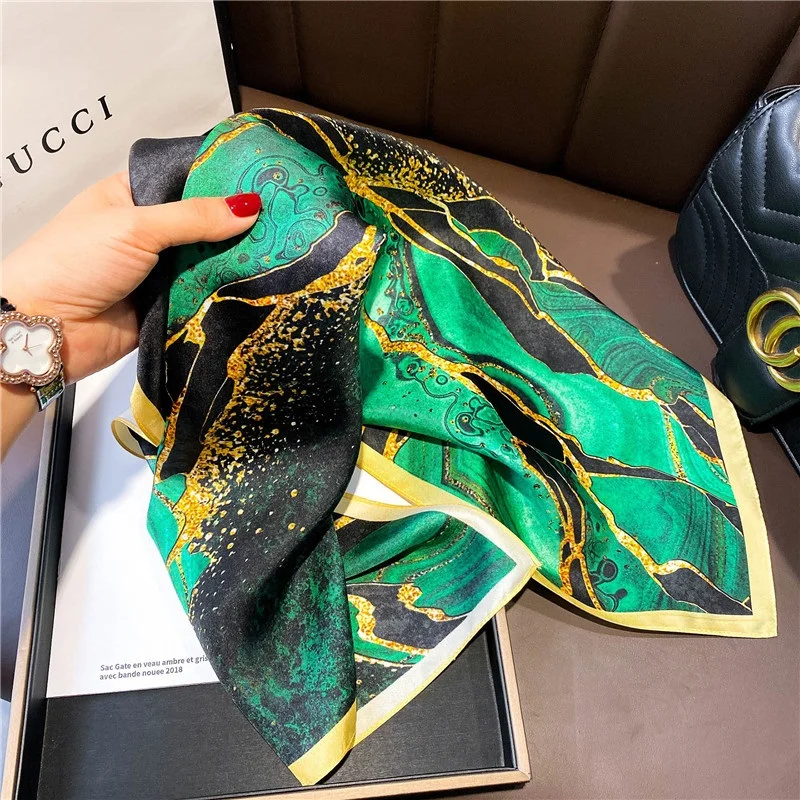 Green Aurora Print 100% Real Silk Scarf Wraps Nerckerchief Necktie Medium Square Size 68*68cm