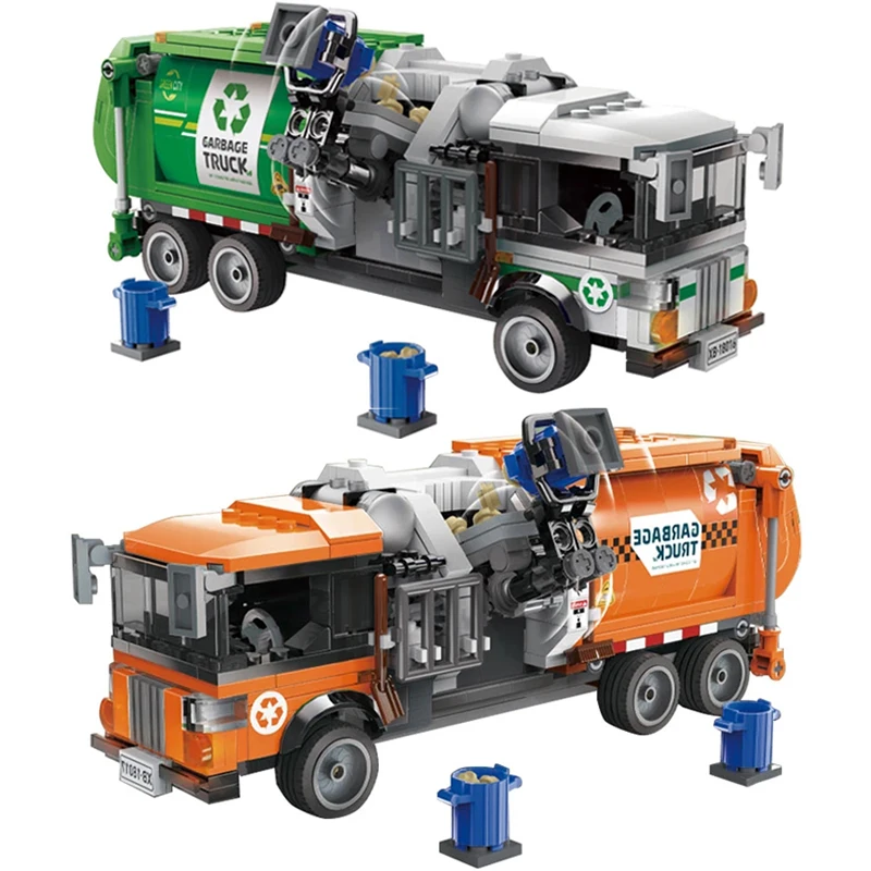 

City Series Garbage Truck Sanitation Vehicle Building Blocks Cleaning Car Model With Figure Bricks Toys For Boy Birthday Gifts