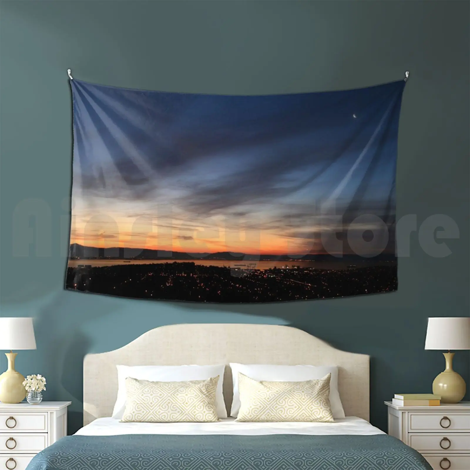 Crescent Moon Over The City By The Bay Tapestry Living Room Bedroom Crescent Moon San Francisco Oakland Bay Area Bay