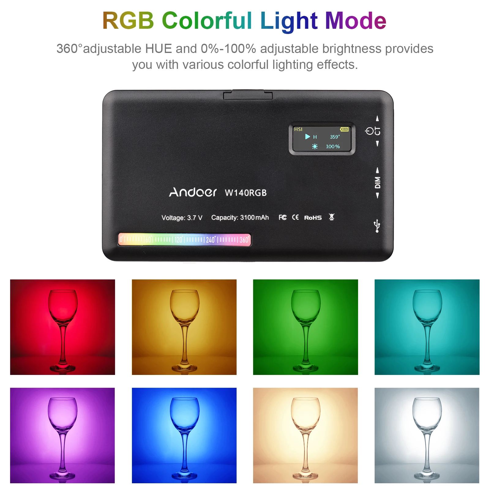 Andoer W140 RGB LED الفيديو الضوئي التصوير ملء الضوء CRI95 + 2500K-9000K عكس الضوء 20 تأثيرات الإضاءة للفيديو المباشر LED الضوء