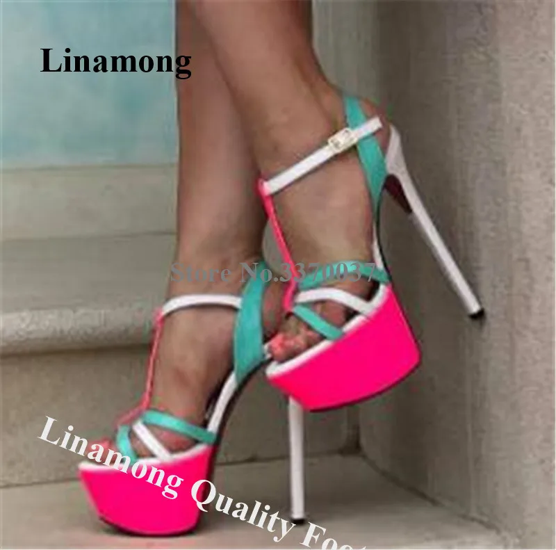 

Linamong Patchwork Straps High Platform Stiletto Heel Sandals Open Toe Rose Red Blue White Mixed-colors High Heel Sandals Heels