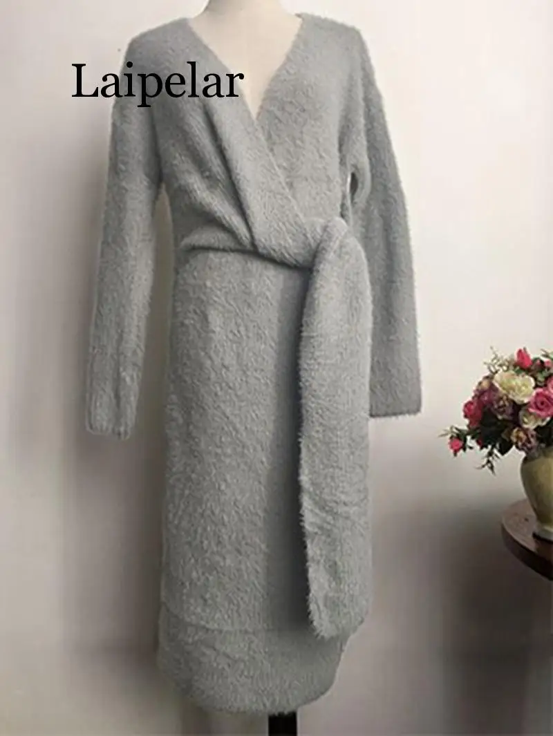 2019 New Korean Belted Cashmere Sweater Dress Women Fashion Office Lady V Neck Knitted Dress Winter Warm Thick Vestidos