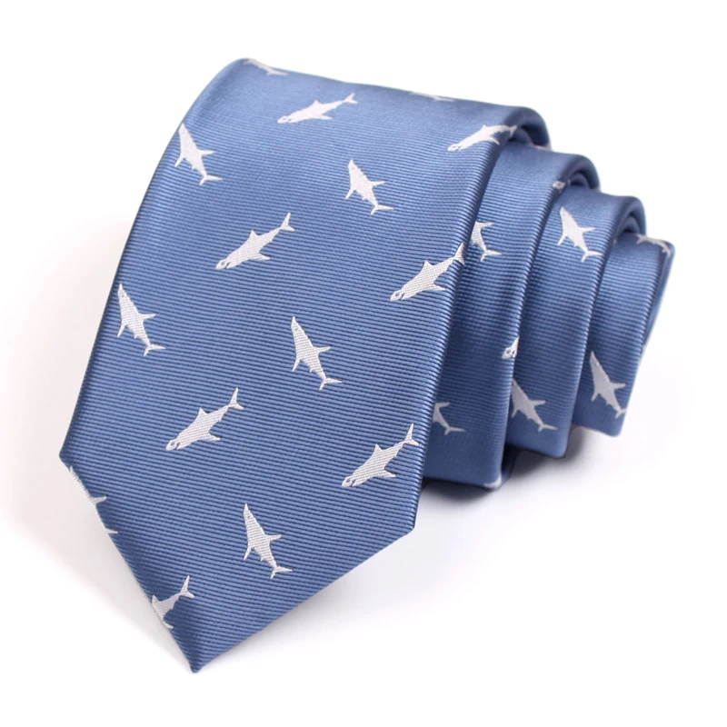 

2020 New Fashion Ties For Men Business Suit Party Wedding Work Neck Tie High Quality Male Sky Blue Necktie Shark Print 7CM Tie