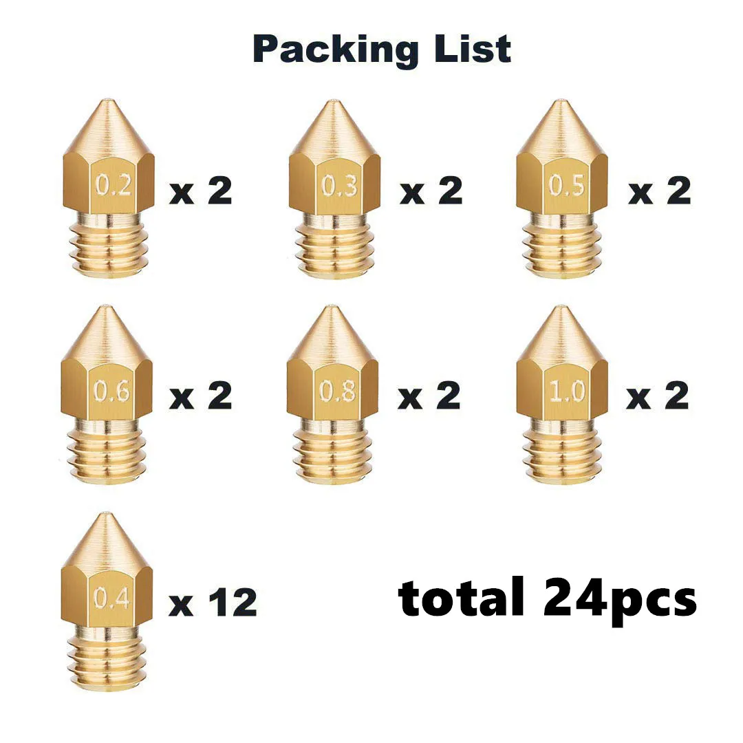 24 PCS 3D เครื่องพิมพ์หัวฉีด MK8 Extruder หัวฉีด 0.2 มม.0.3 มม.0.4 มม.0.5 มม.0.6 มม.0.8 มม.1.0mm สำหรับ MakerBot Creality CR10 Ender 3 5