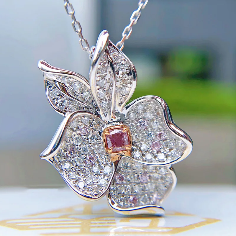 Foydjew Color Treasure Jewelry Micro-inlaid Full Zircon Argyle Pink Princess Square Zircon Flower Pendant Necklaces