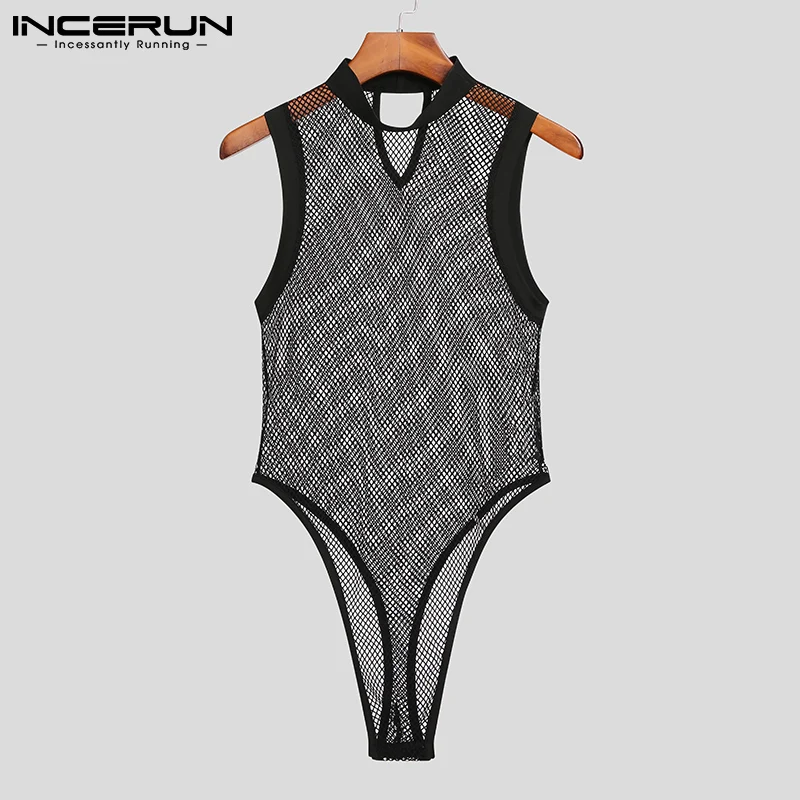 Incerun-sem mangas malha patchwork bodysuit dos homens, roupa interior respirável, macacão fino, Homewear, bodysuits sexy, ver através, 2023, 7