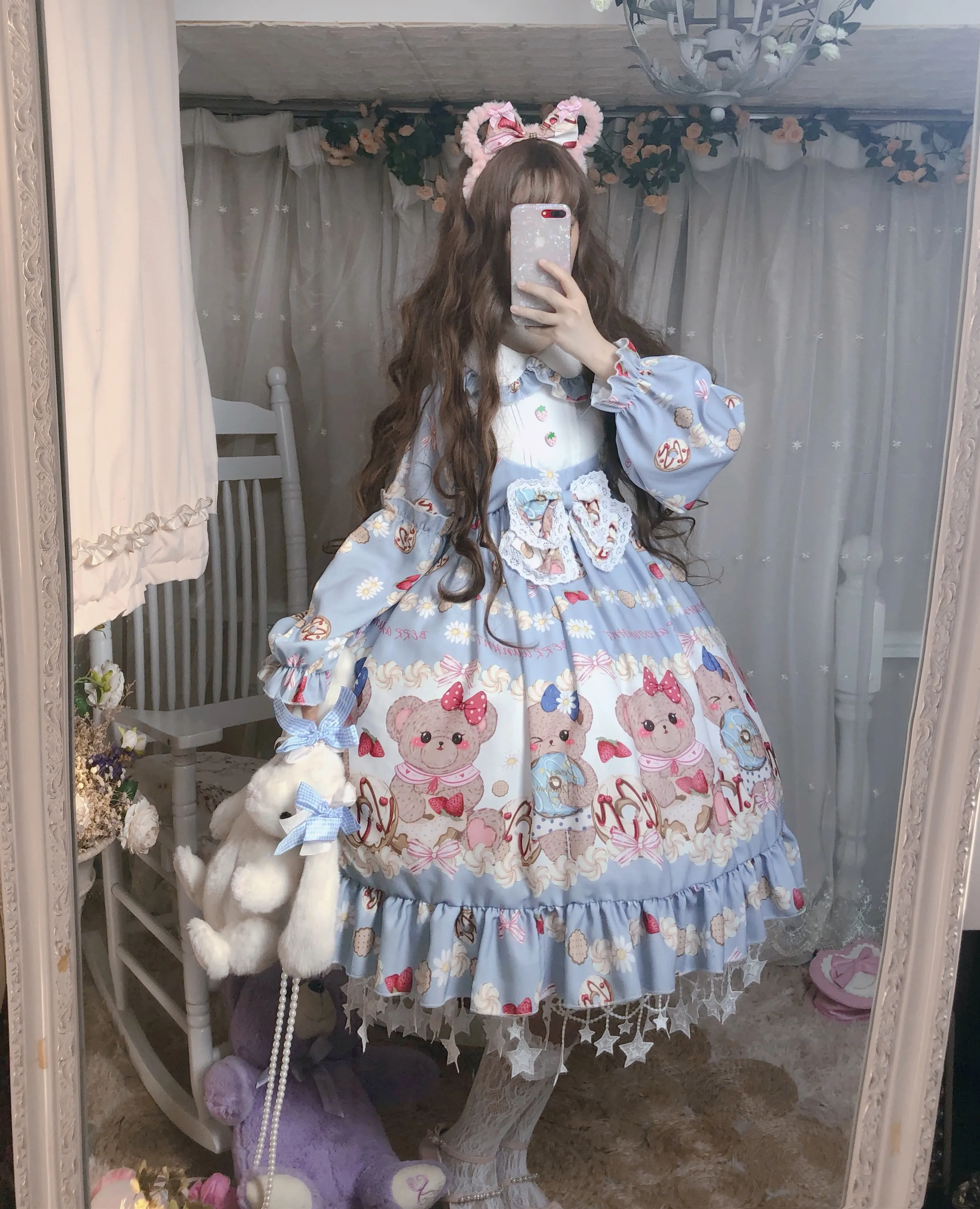 Ngọt Nhật Bản Lolita Hoạt Hình Dễ Thương In Cos Lolita Tay Dài Cổ Peter Pan Loli Tiệc Trà Đầm Retro Triều Đình Vestidos