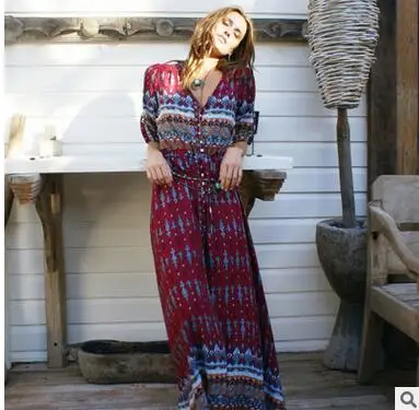 1pcs/lot Women Bohemia V-neck Three Quarter Sleeve Floral Print Ethnic Autumn Beach Boho Long Dress