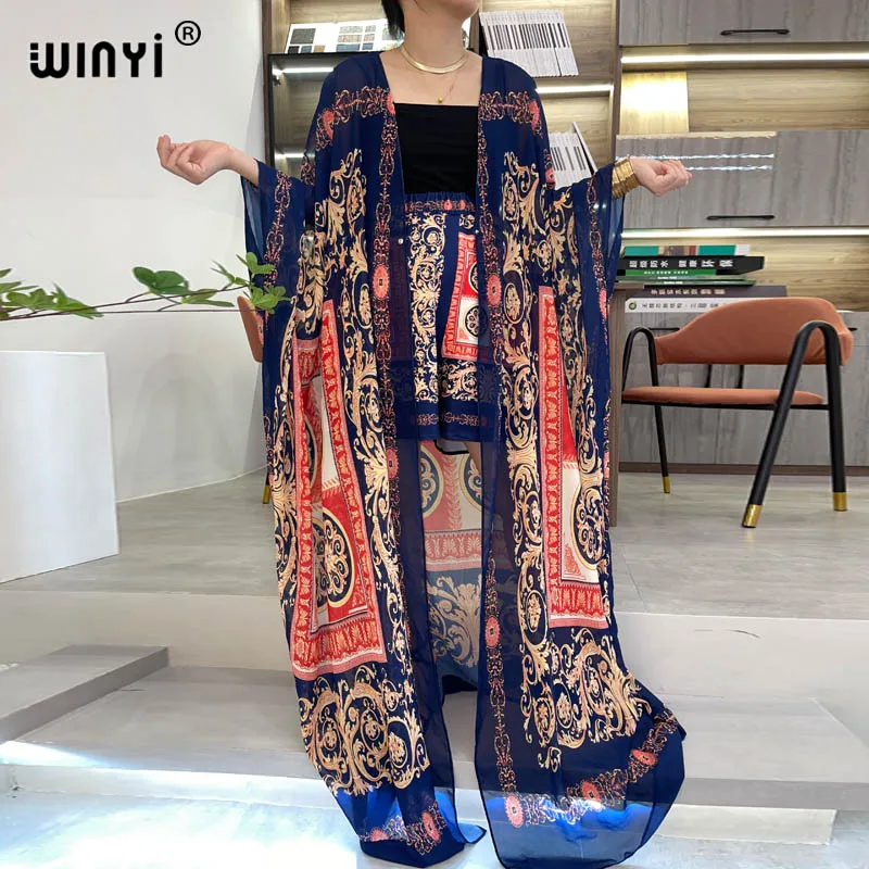 WINYItwo-piece suit Bohemian Printed Over Size V-neck Batwing Sleeve trab Dress Women Elastic Silk Floor Length New Fashion Tide