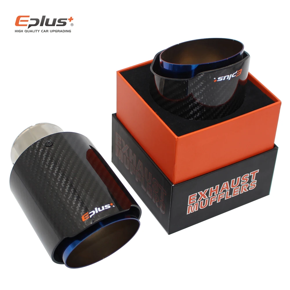 EPLUS Car Glossy Carbon Fiber Muffler Tip Exhaust System Pipe Mufflers Nozzle Universal Straight Stainless Blue