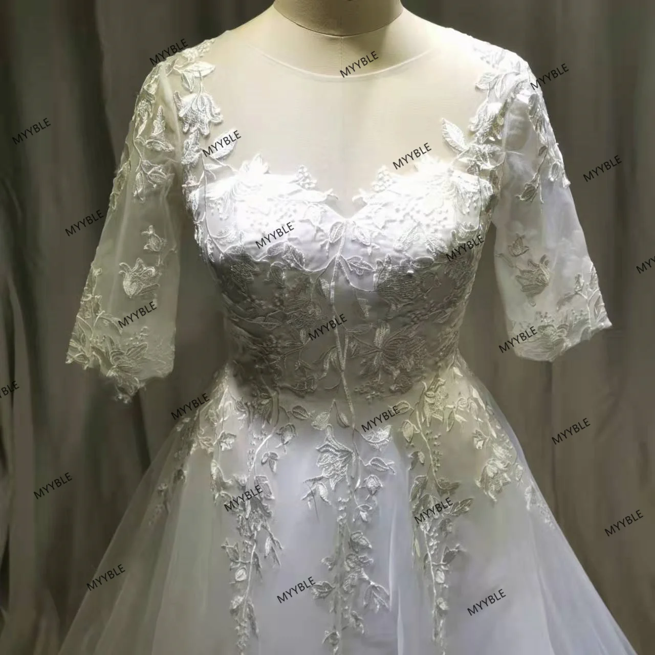 MYYBLE-Robe de mariée en satin organza, ligne A, manches élastiques, appliques en dentelle, robes de patients sur mesure, mode