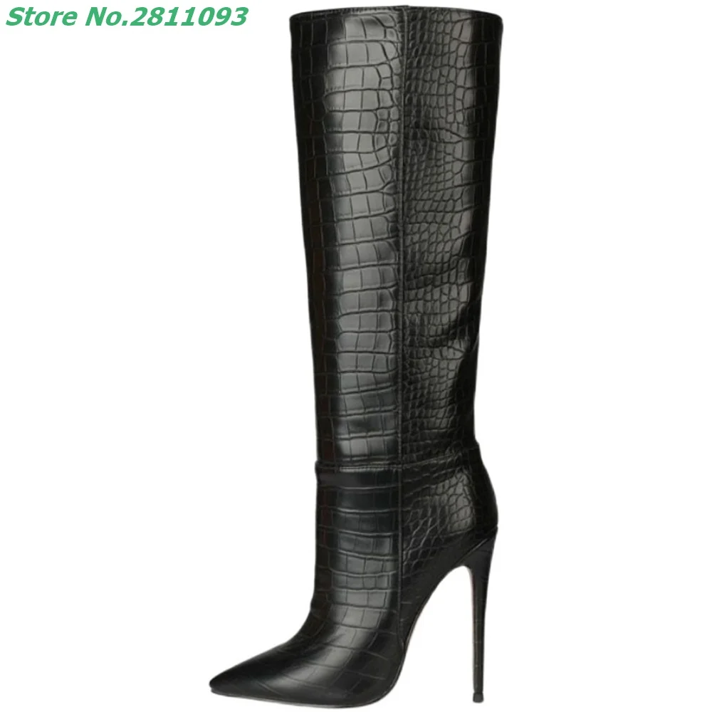 The Newest Hot Winter And Autumn Side Zipper Boots 2021 Knee High Thin Heels Women\'s Crocodile Leather Solid Black Fashion Shoes