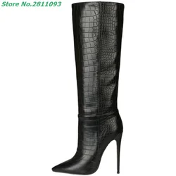 The Newest Hot Winter And Autumn Side Zipper Boots 2021 Knee High Thin Heels Women's Crocodile Leather Solid Black Fashion Shoes