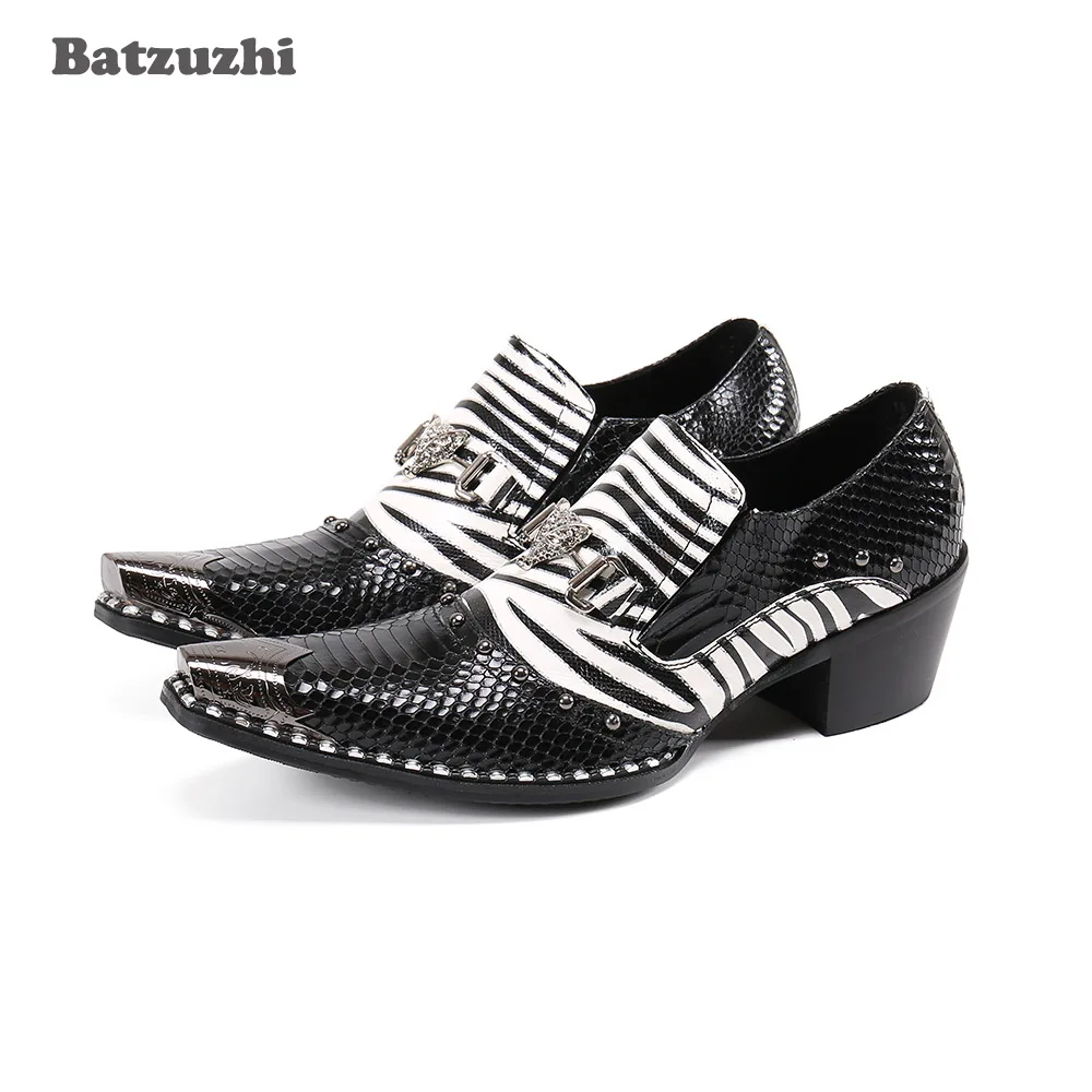 

Batzuzhi New Designer's Shoes Pointed Metal Tip Black White Genuine Leather Dress Shoes for Men Formal Business and Party,38-46