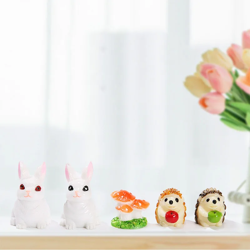 Rabbit Hedgehog Mushroom Fairy Garden Decor Landscape Succulent Potted Flower Pot Model Ornament Resin Figurines Miniatures