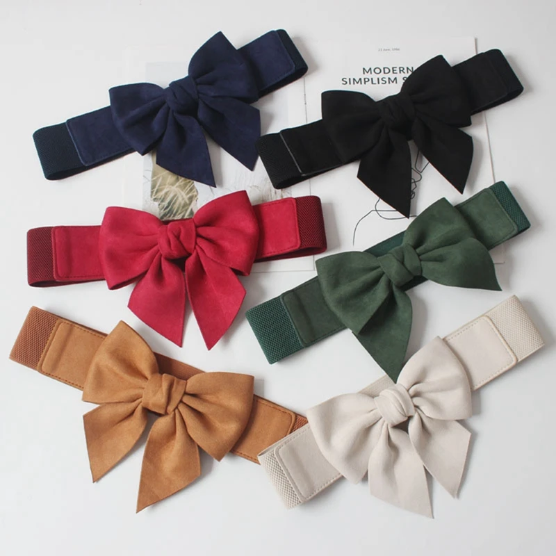 Womens Elastic Belts Wide Belt for Dress Women Navy Blue Red Black Suede Belt with Big Bow