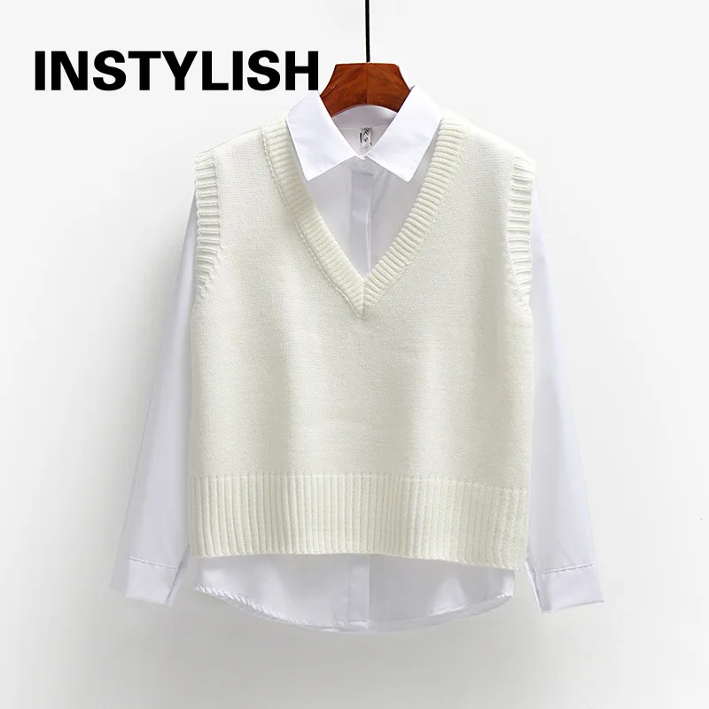 Women Sweater Vest Elegant V Neck Knitted Waistcoat Korean Harajuku Solid Loose Pullover Sleeveless Jacket Knit Top Outwear