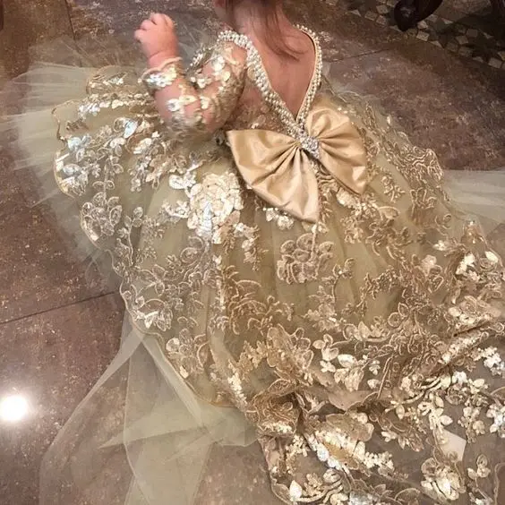 Robe à paillettes dorées pour filles, jupe bouffante haute et basse, tenue de fête d'anniversaire