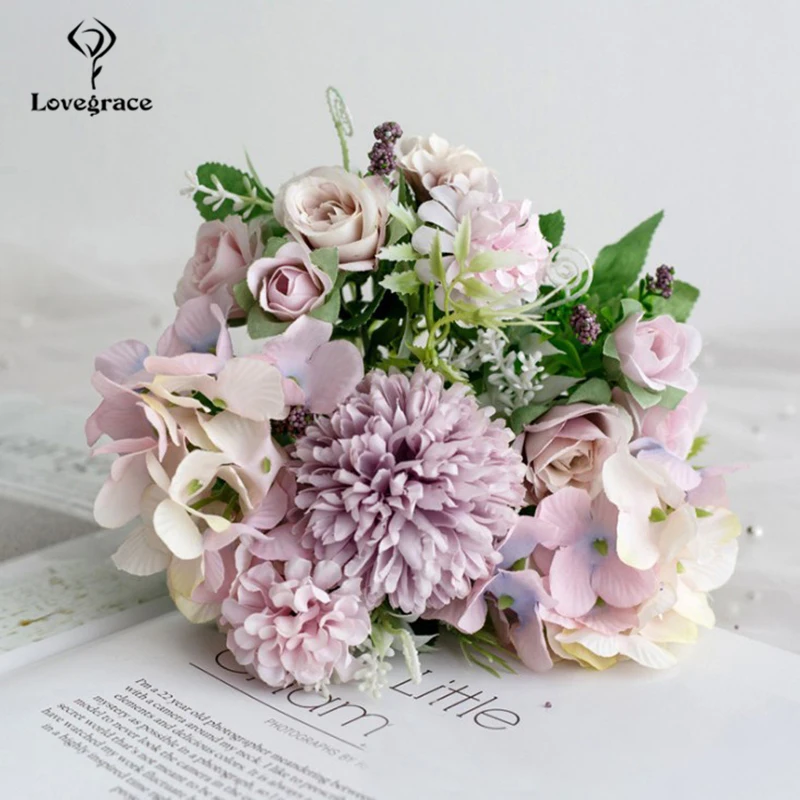 Lovegrace Wedding Bouquet Artificial Silk Rose Peony Flower Bride Bouquet Pink Hydrangea Pompom Bud Vanilla Spike Wedding Supply