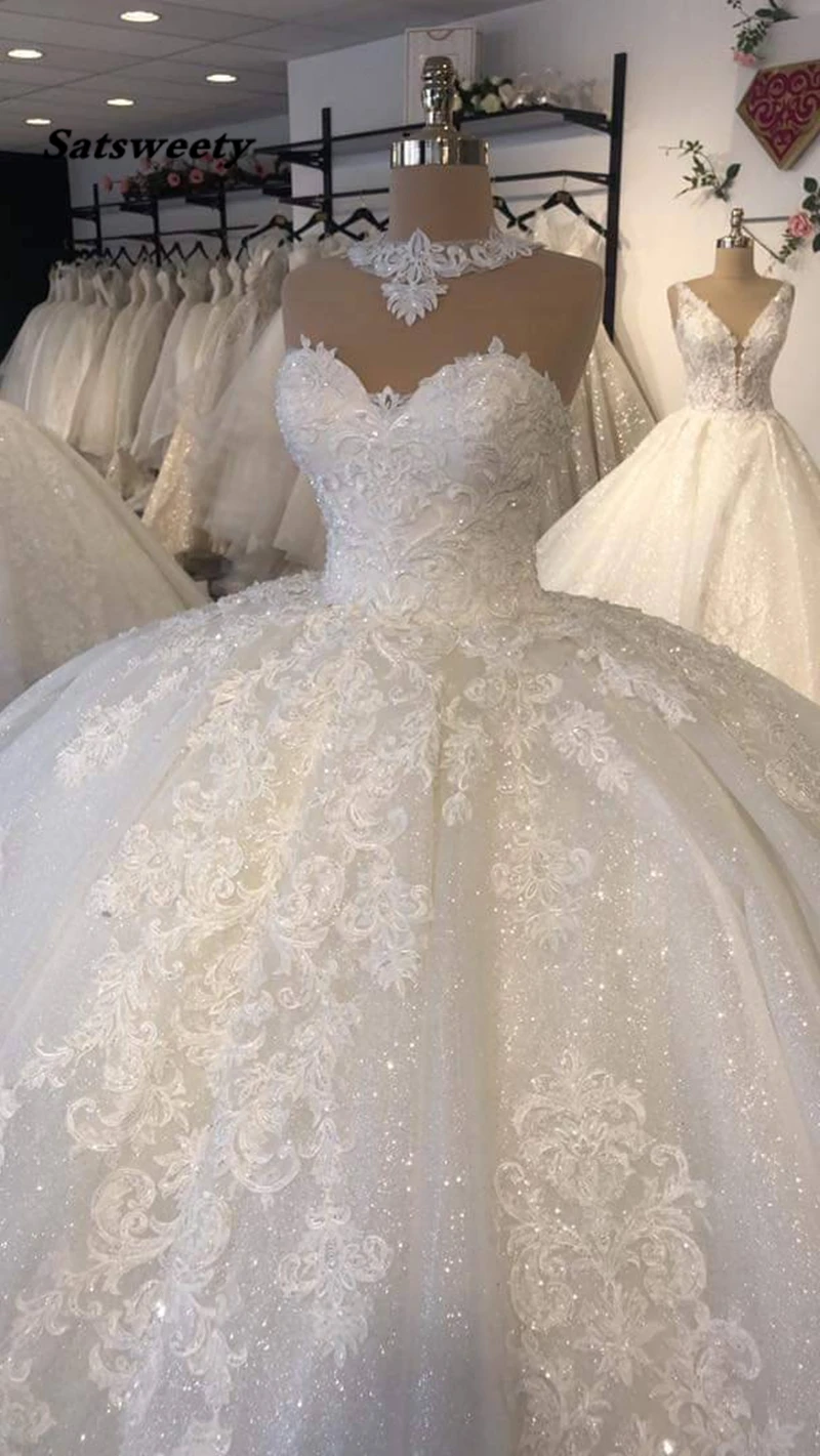 Vestidos de novia árabes de lujo de Dubái, vestido de novia de encaje con lentejuelas, apliques de hombros descubiertos, vestidos de novia de talla grande