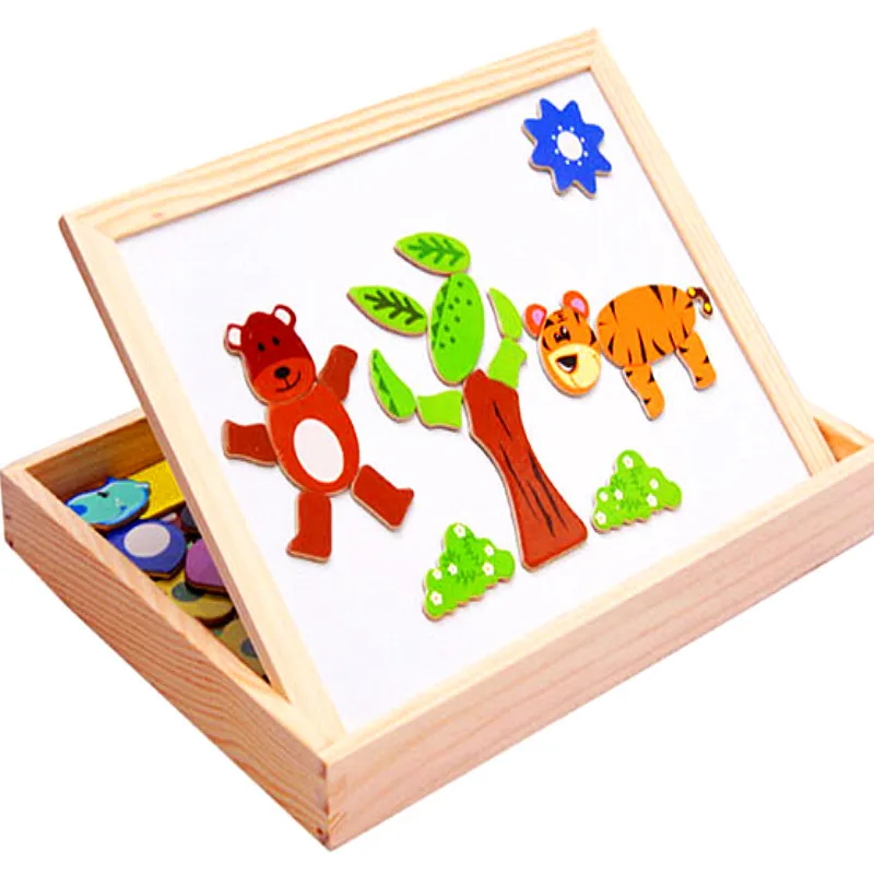 

Children's Wooden Animal Jigsaw Multifunctional Magnetic Jigsaw Double-sided Drawing Board Learning Box 3d Puzzle