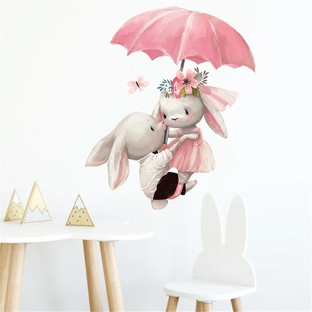 Couple Bunny Under Umbrella Wall sticker kids room home decoration wallpaper living room bedroom removable mural rabbit stickers