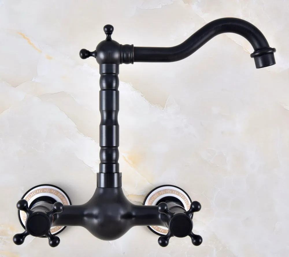 

Black Oil Rubbed Bronze Ceramic Base Wall Mounted Bathroom Kitchen Sink Faucet Swivel Spout Mixer Tap Dual Cross Handles anf879