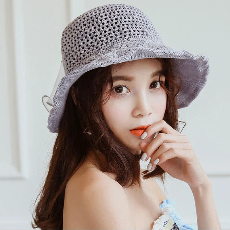 K27 Summer Hollow Grid Sun Hat Sunhat For Women Ladies Bow Fisherman Hat Korean Version Of Pure Cotton SunScreen Hats