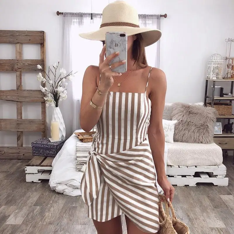 2021 vestido de verão feminino suspensórios dois usam bainha irregular listrado halter vestido de praia com nós