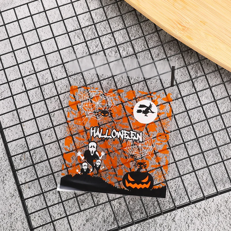 50pcs Halloween Theme Cookies Bags Packaging Pumpkin Spider Web Witch Transparent Cookies Sugar Self-Stick Colored Plastic Bags