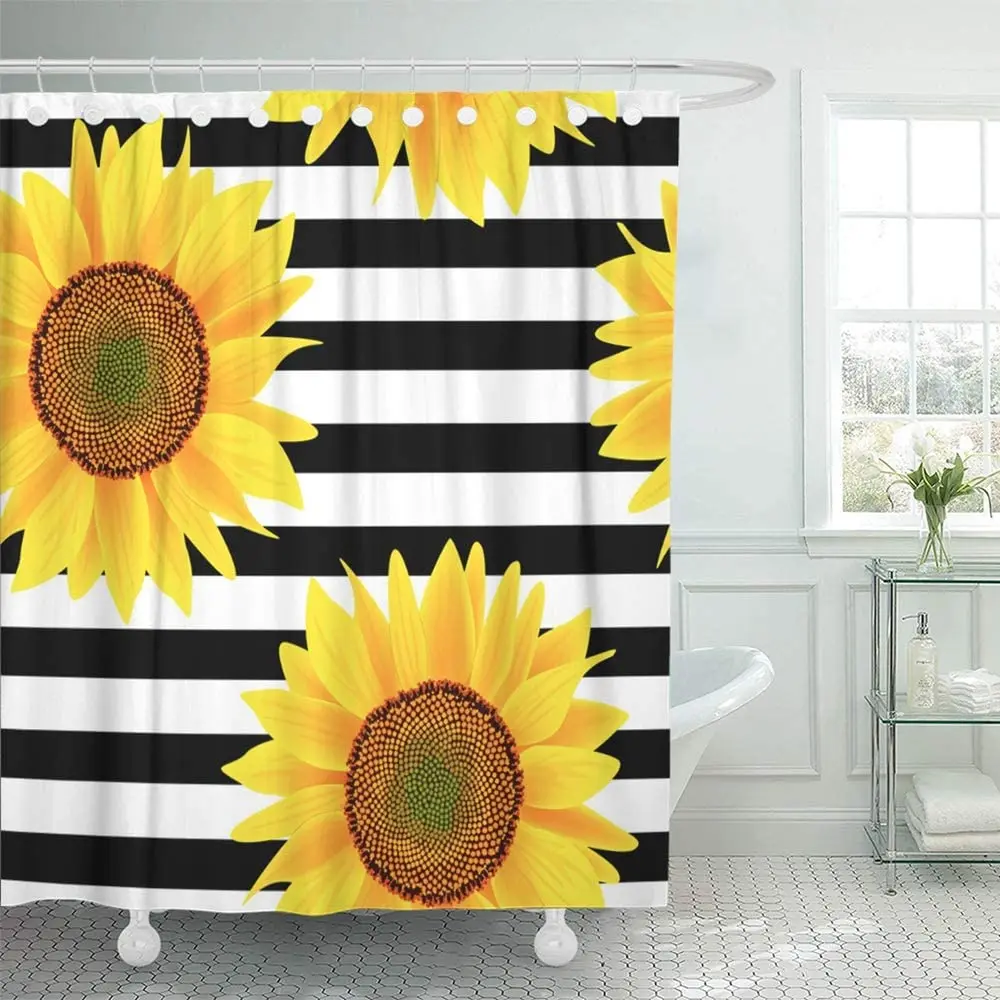 

66"x72" Waterproof Home Decor Brown Bright Sunflowers On Striped Black and White Pattern Orange Sun Beautiful Picture Print