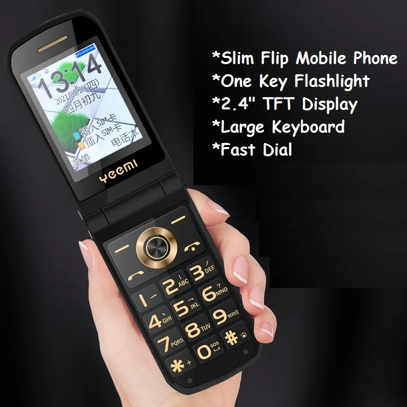 Slim Flip Large Display Russian Key SOS Speed Call Magic Voice Torch Metal Case Elderly People Senior Mobile Phone Easy Working