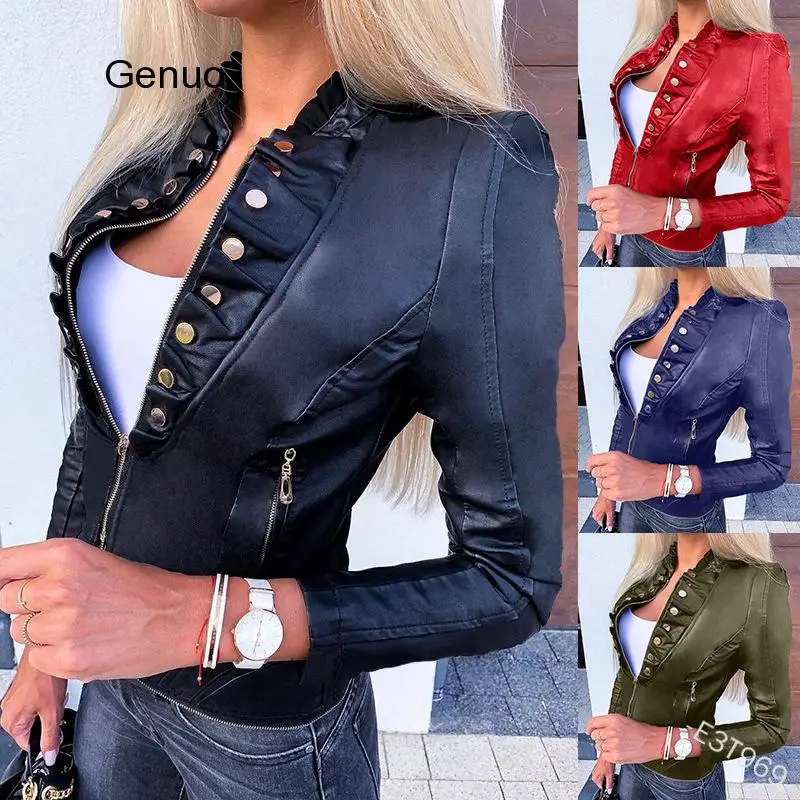 Casual Motorcycle Faux Leather Jacket Women's Button Pockets Zippers Slim Pu Short Jacket