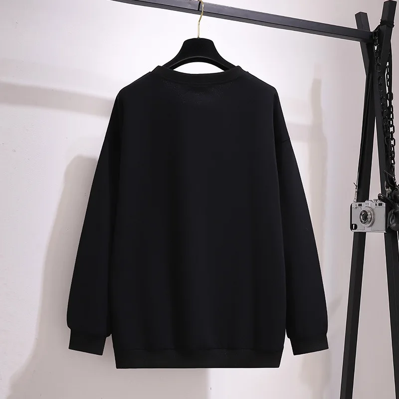 女性用長袖コットンスウェットシャツ,春と秋の服,ラージサイズ,ルーズフィット,黒のプリント,4xl,5xl,6xl,7xl,2021