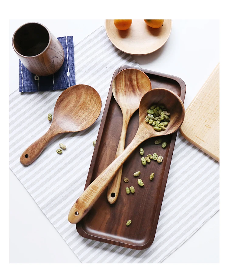 Thailand Teak Natural Wood Tableware Spoon Ladle Turner Long Rice Colander Soup Skimmer Cooking Spoons Scoop Kitchen Tool Set