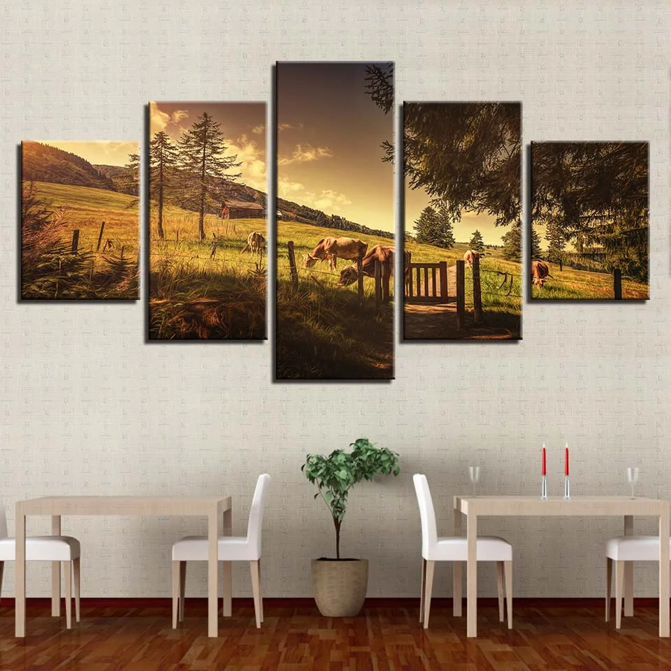 

HD Prints Canvas Painting for Home Decoration, Wall Art, Modular Pictures, Cow, Animal, Tree Artwork, Living Room, 5 PCs