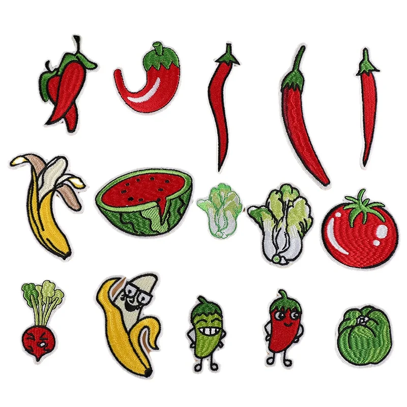 

100pcs/Lot Fun Embroidery Patch Fruit Vegetable Chili Cabbage Catch Banana Radish Shirt Clothing Decoration Accessory Applique