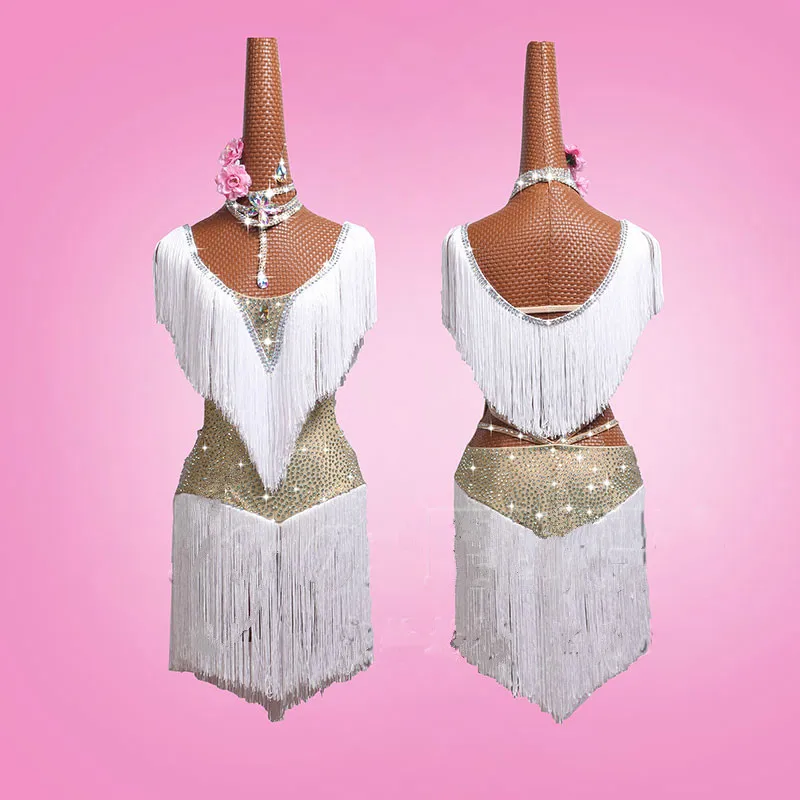 

Latin Dance Costume performance dress Latin dance skirt white tassels Skirt Adult Children shining diamond #LD152