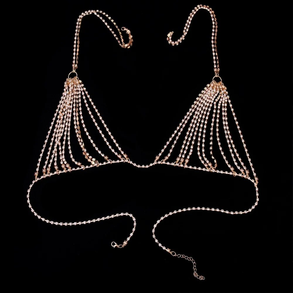 Rhinestone biustonosz z łańcuszkiem biżuteria plażowa Body błyszczący kryształowy biustonosz w klatce piersiowej Bralette uprząż Bikini łańcuszek