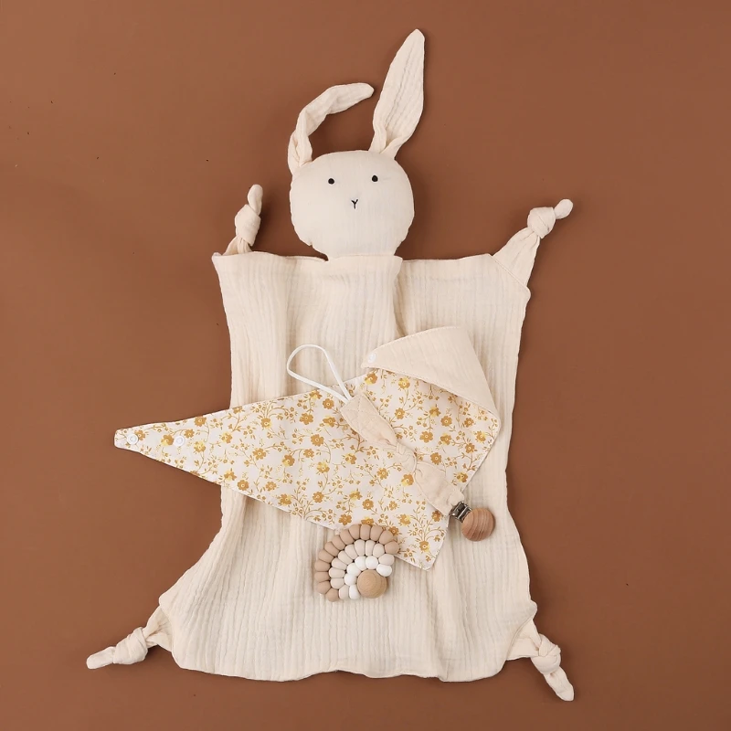 Serviette et Hochet pour Bébé en Coton, Silicone et Bois, Doudou à Sonnette, Double Face, Linge de Biberon et de Sieste, Apaisante, Accessoires de