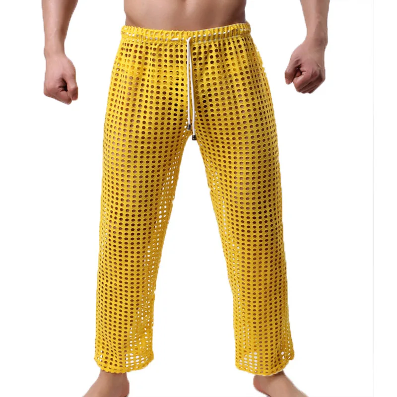 Pantalones transparentes de malla para hombre, ropa de dormir, transpirable, deportiva, pijama, para salón, XL