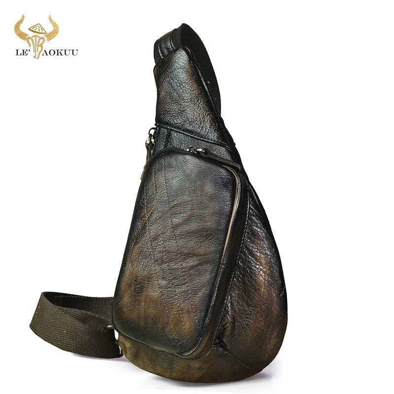 2021 Men Quality Leather Casual Retro Coffee Sling Chest Bag 8