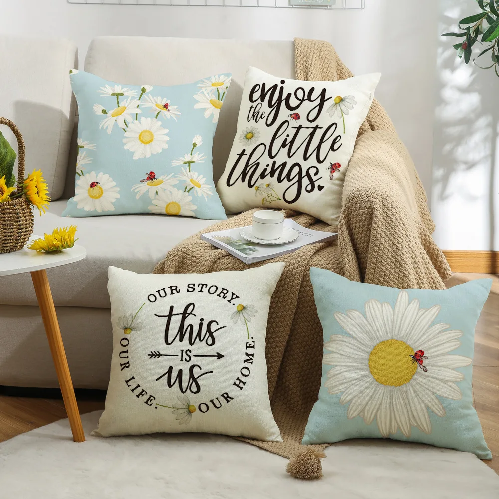 Daisy Printed Cushion Cover 18x18in Pillowcase Farmhouse Decor Pillow Cover Lovely Sunflower Bee Letter Cushion Cover for Spring