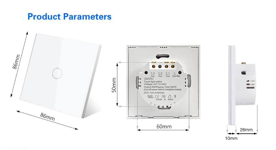 UBARO EU-Standard Touch-Schalter mit Gehärtetem Glaspanel, 1-fach Wandlichtschalter AC110-240V für Zuhause, Kein Neutralleiter Erforderlich – Detail 3