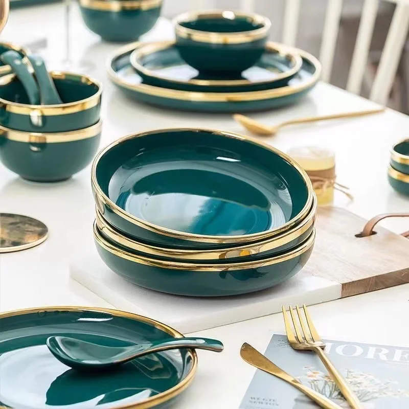 Gilt Rim Green Ceramic Plate Steak Food Plate Tableware Bowl Ins Dinner Dish High End Porcelain Dinnerware Set For Family Hotel